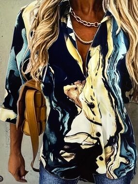 Abstract Print Button Front Long Sleeve Blouse